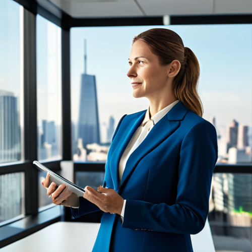 Home 14 A confident, professional female leader in a modest business suit, standing in a brightly lit, modern corporate office. She gestures gracefully as if conducting an orchestra, symbolizing strategic dialogue and harmonious collaboration. Her other hand holds a tablet displaying interconnected data streams. The background features diverse teams working together seamlessly, with subtle visual cues of fluid information flow. Large windows overlook a vibrant city skyline. Professional photography, high-resolution, sharp focus, vibrant yet sophisticated color palette. safe for work, appropriate content, fully clothed, professional dress, perfect anatomy, correct proportions, natural pose, well-formed hands, proper finger count, natural body proportions, high quality.