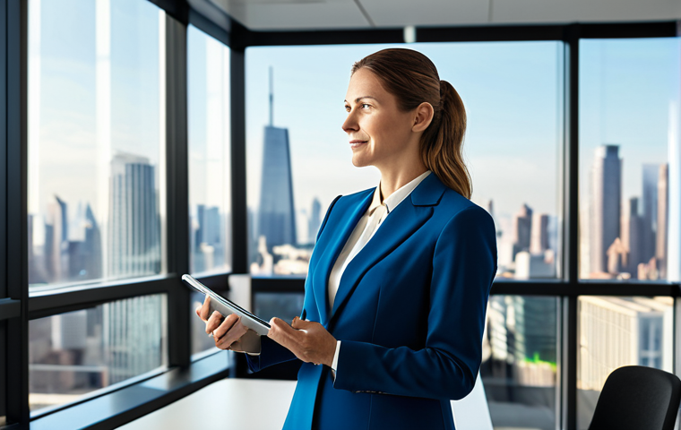 A confident, professional female leader in a modest business suit, standing in a brightly lit, modern corporate office. She gestures gracefully as if conducting an orchestra, symbolizing strategic dialogue and harmonious collaboration. Her other hand holds a tablet displaying interconnected data streams. The background features diverse teams working together seamlessly, with subtle visual cues of fluid information flow. Large windows overlook a vibrant city skyline. Professional photography, high-resolution, sharp focus, vibrant yet sophisticated color palette. safe for work, appropriate content, fully clothed, professional dress, perfect anatomy, correct proportions, natural pose, well-formed hands, proper finger count, natural body proportions, high quality.