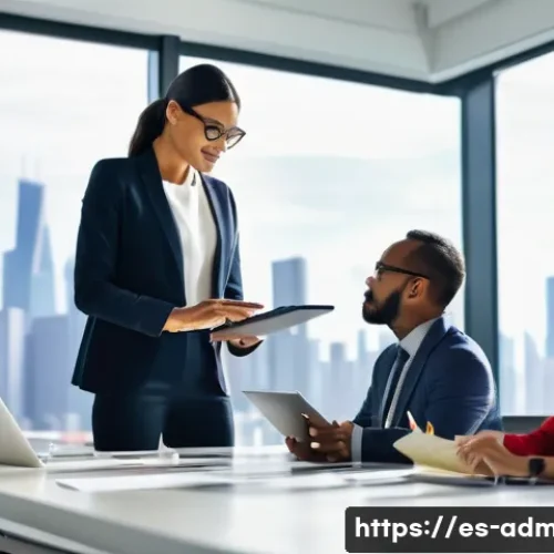 Home 7 행정관리사 자격증 활용 방안 - A professional office environment showing a diverse group of business people collaborating around a ...