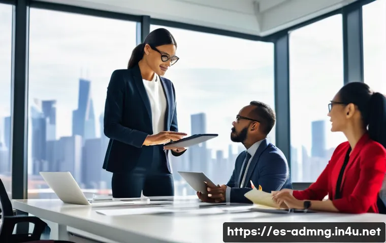 행정관리사 자격증 활용 방안 - A professional office environment showing a diverse group of business people collaborating around a ...