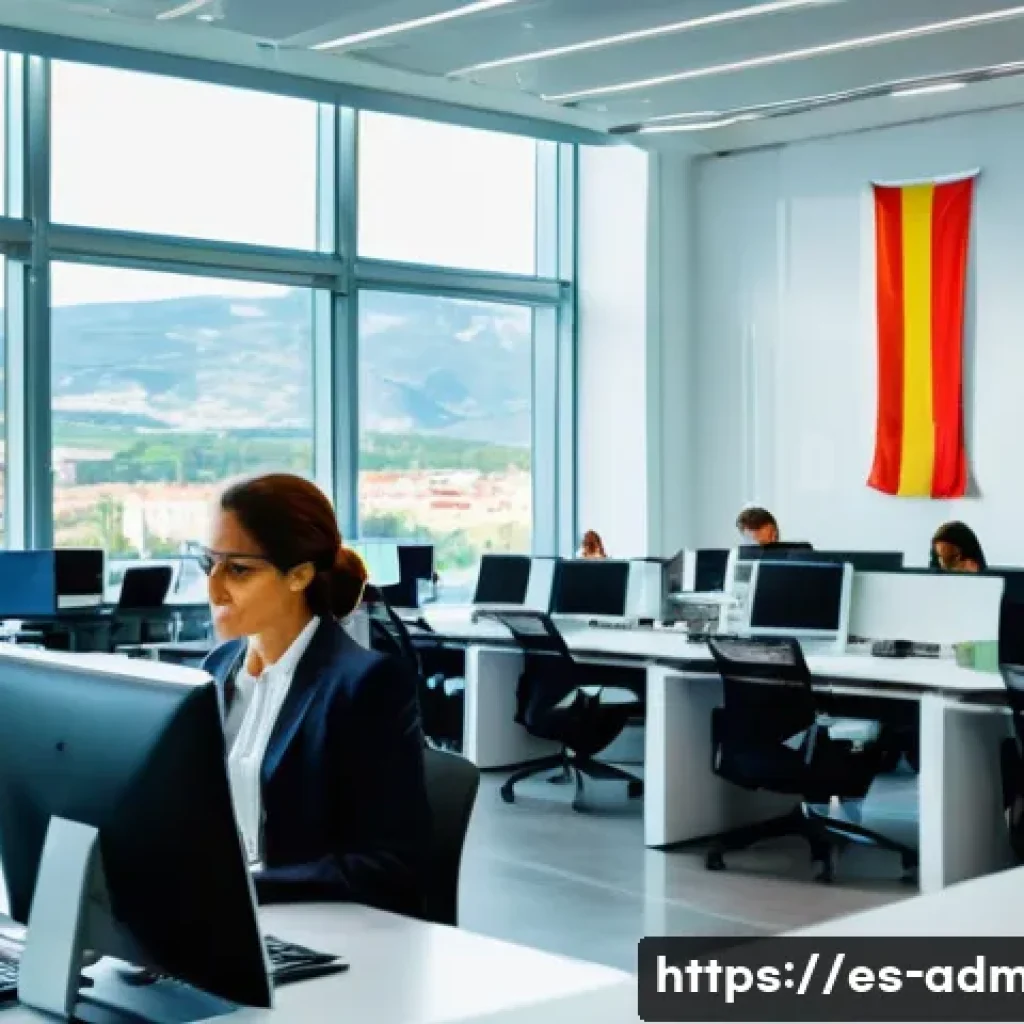 행정관리사 커리어패스 설계 - A professional public administration office scene set in a modern government building in Spain, feat...