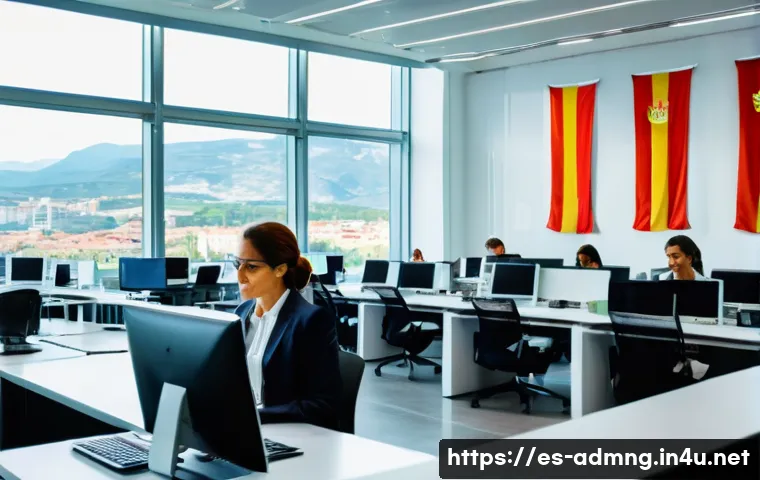 행정관리사 커리어패스 설계 - A professional public administration office scene set in a modern government building in Spain, feat...