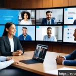행정관리사와 조직관리 전략 - A diverse multicultural office team engaged in a lively video conference using modern digital commun...