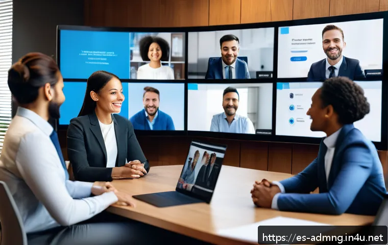 행정관리사와 조직관리 전략 - A diverse multicultural office team engaged in a lively video conference using modern digital commun...