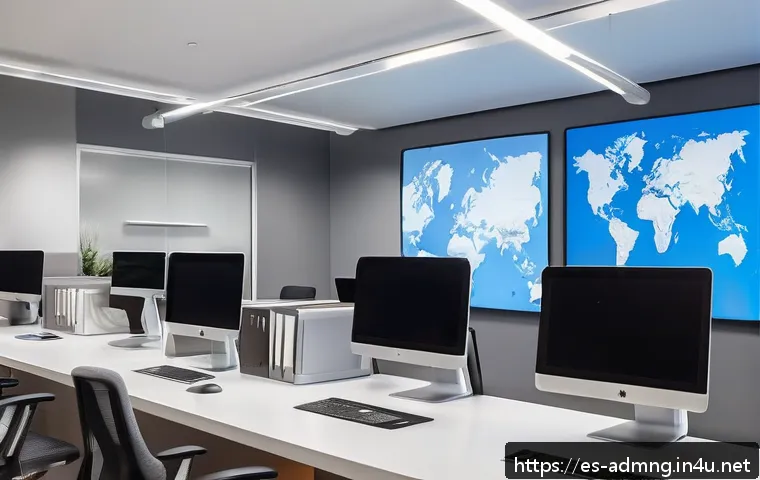 행정관리사 실무를 위한 IT 기술 - A modern administrative office environment in Spain featuring a diverse team of professionals using ...